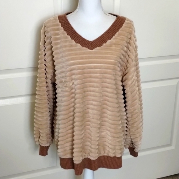 Ces Femme fuzzy teddy texture V-neck top size small oversized, beige and tan - Picture 1 of 11